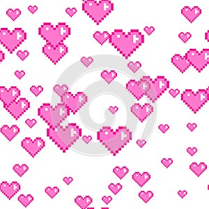 Seamless vector pixel pink hearts pattern. Love pixel art 10 eps.